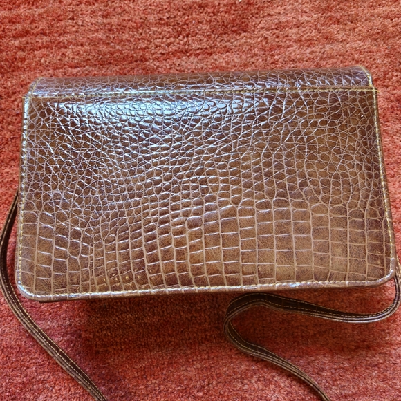 Vintage Alligator Faux Skin Handbag Goldtone Animal Figurine Brown Crossbody - Picture 5 of 11